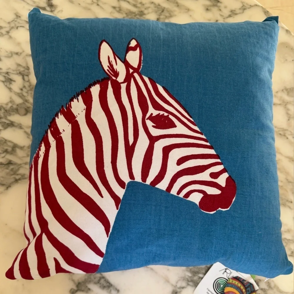 NWT Hand painted and printed Zebra Accent Pillow Turquoise Blue Red 14” square
